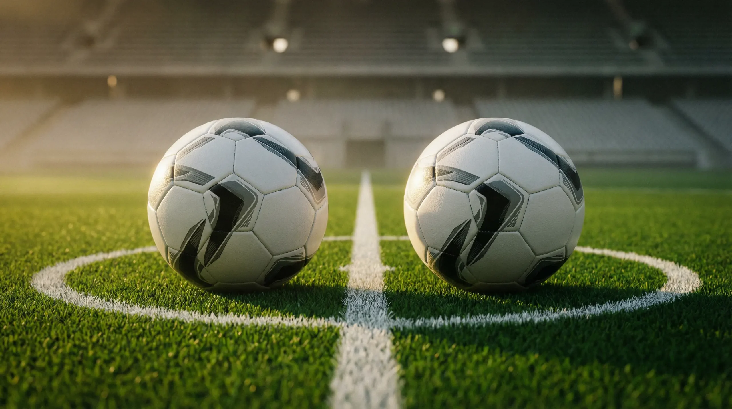 Pallone da calcio su campo verde con linee bianche, atmosfera di stadio professionale