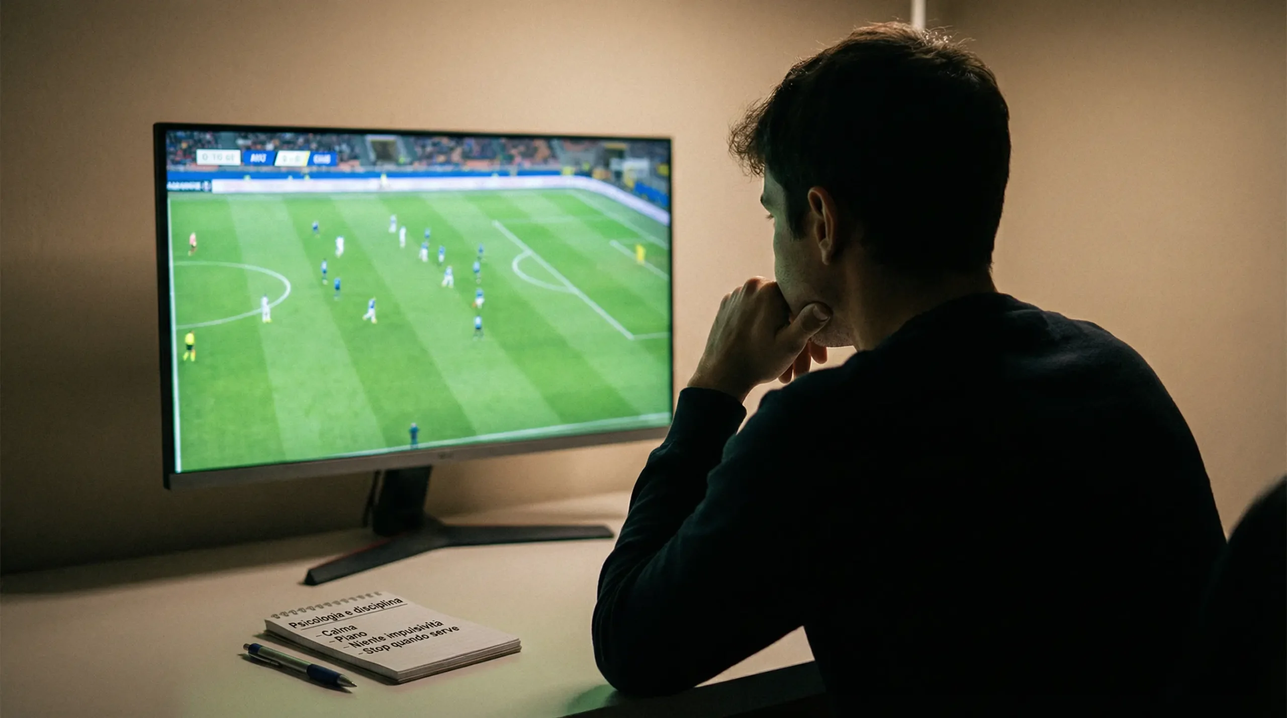 Persona pensierosa davanti a schermo con partita di calcio, riflessione strategica