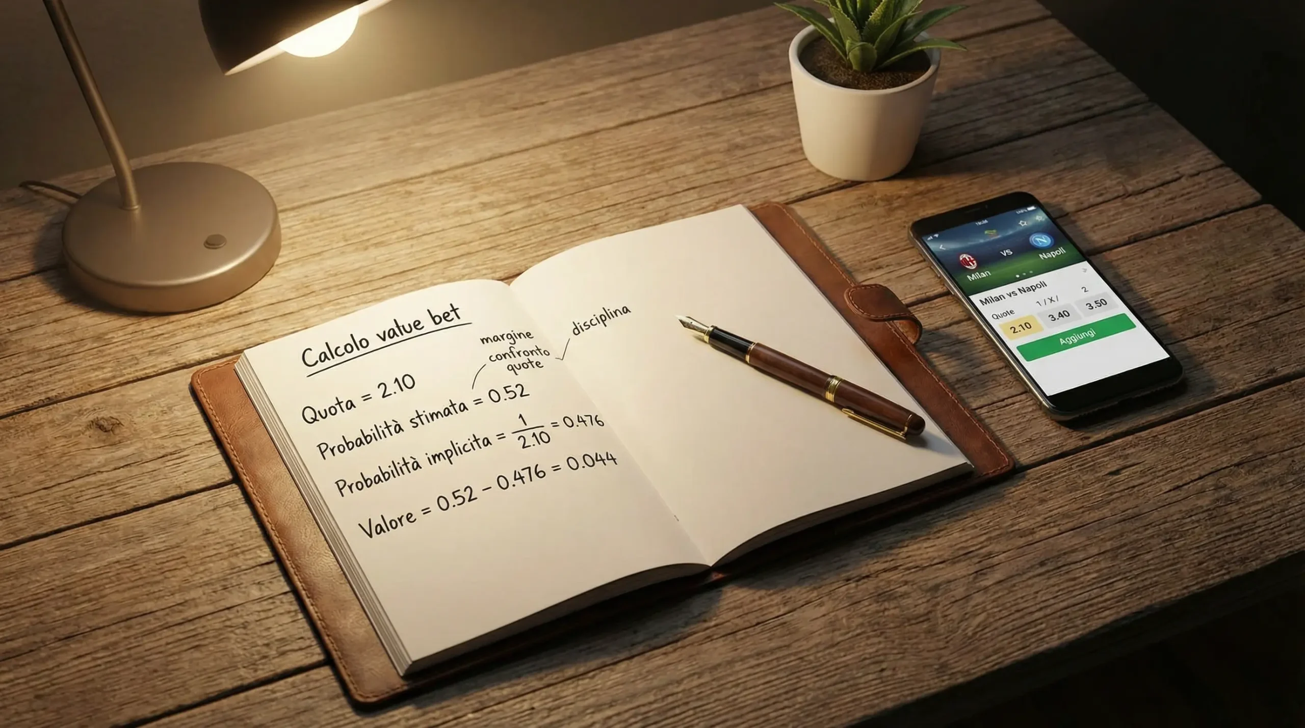Taccuino con calcoli di probabilità e penna su scrivania, analisi scommesse